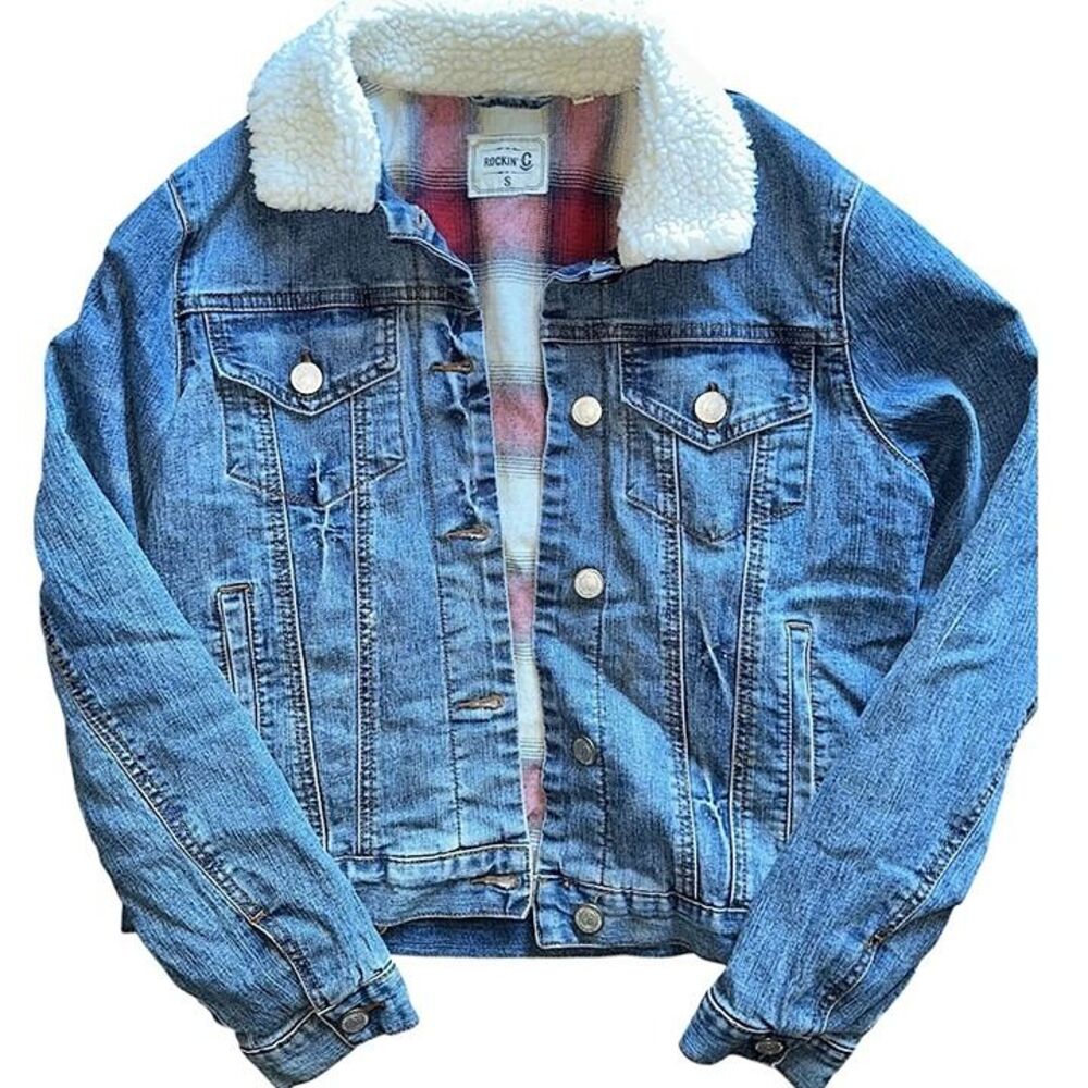 Women's Rockin C Buffalo Plaid Sherpa Collar Denim Jean Jacket size Small